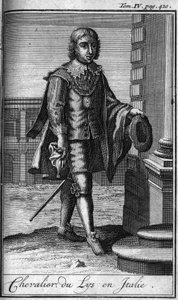 Órdenes de Caballería. Caballero del Lirio en Italia. En "Historia de órdenes militares o caballeros, de las milicias seguras y rutinarias de ambos sexos, que se han establecido hasta ahora. Edición tomada de Abbe Giustiniani, R.P.Bonani, M. Herman, Schoon