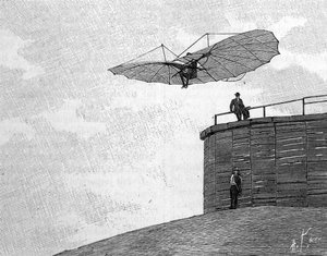 Otto Lilienthal (1848-1896), pionero de la aeronáutica alemana, saltando desde su torre de madera con su avión volador (de una fotografía instantánea). Grabado en “La Nature: revue des sciences et de leurs applications aux arts et a l