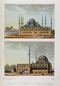 Imperio Otomano: Mezquita Azul (o Sultanahmet Camii) construida por el sultán Ahmet I y Mezquita de Laleli en Estambul - en "El traje antiguo y moderno" de Ferrario, ed. Milán de Unknown artist
