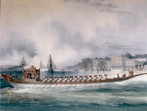 Imperio Otomano: Representación del barco del Sultán en el Bósforo en Estambul. El Palacio de Ciragan es visible. (detalle) Pintura de finales del siglo XIX. Estambul, Museo Naval de Unknown artist