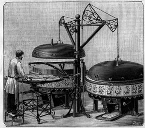 Hornos de la panadería mecánica de la Avenida de la Ópera, en París. Grabado en “La Nature: revue des sciences et de leurs aplicaciones aux arts et a l