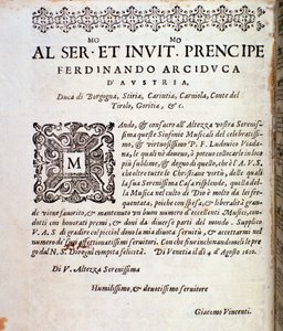 Página de dedicatoria a Fernando de Austria en la partitura musical de Sinfonie musicali de Ludovico Viadana