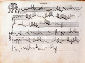 Página de la partitura de Harmonice Musices Odhecaton de Ottaviano Petrucci (1501) de Unknown artist