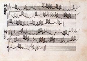 Página de la partitura de Harmonice Musices Odhecaton de Ottaviano Petrucci (1501) de Unknown artist