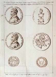 Página con retratos de Il melone, discurso armónico (manuscrito)