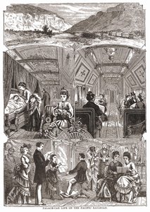 Vida en el vagón-palacio en el Ferrocarril del Pacífico, grabado s. XIX. de Unknown artist