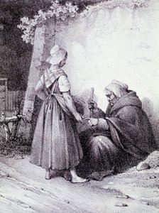 Quiromancia: una vieja adivina lee la mano de una joven (Grabado) de Unknown artist