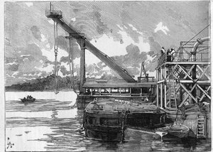 Obras del Canal de Panamá. Principales máquinas: el pontón Bigue. Grabado en "Le Monde Illustré" de Unknown artist