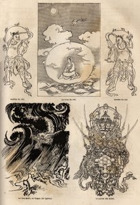 Panteón de deidades japonesas, representación tradicional de algunas figuras típicas: la reina del cielo flanqueada por dos guardias; el Maki Tats, dragón del tifón y el jefe de armas. Grabado para ilustrar el viaje a Japón en 1863-1864, por Aime Humbert,  de Unknown artist