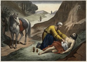 Parábola del Buen Samaritano: el samaritano se detuvo en su camino para rescatar al hombre moribundo. Grabado anónimo de mediados del siglo XIX de Unknown artist