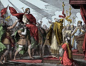 Pepino proclamado Rey de los Francos - Sacro de Pepino el Breve (714-768), Basílica de Saint Denis, 28 de julio de 754: el Papa Esteban II lo consagró Rey de los Francos y Patricio de los Romanos (Patricius Romanorum)