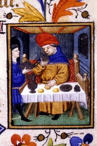 Representación del mes de enero. Un sirviente pone comida en la mesa de su amo. Miniatura de un manuscrito del siglo XIV. de Unknown artist