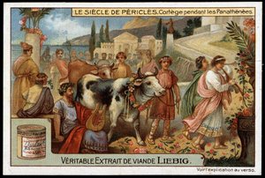 Siglo de Pericles (495-429 a.C.): cortejo durante las panateneas - Cromolitografía de Liebig