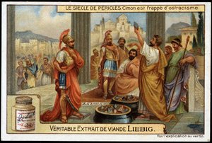Pericles siglo (495-429 a.C.): el estadista y estratega Cimon (510-449 a.C.) es golpeado con ostracismo, en 461 a.C. - cromolitografía de Liebig