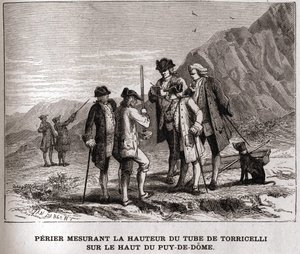 Perier midiendo la altura del barómetro (tubo de mercurio) por Evangelista Torricelli en la cima del Puy-de-Dôme el 20 de septiembre de 1618, grabado del siglo XIX, colección Bianchetti de Unknown artist