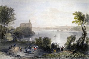 Castillo de Persenberg en Alemania. En primer plano, los carpinteros trabajando. Grabado del siglo XIX de Unknown artist