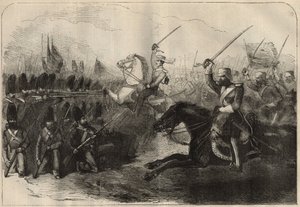 Guerra Anglo-Persa (1856-1857): la carga de la 3ª caballería indo-británica comandada por el Capitán Forbes durante la Batalla de Koosh-Ab el 8 de febrero. de Unknown artist