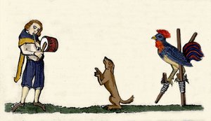 Mascotas entrenadas: un perro y un gallo bailan sobre zancos al ritmo del tambor. Grabado de un manuscrito de 1344 de la biblioteca Bodleyan de Oxford de Unknown artist