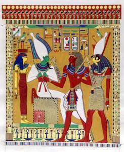 Faraón Merenptah I (o Mineptah, Merneptah) (1213-1204 a.C.) guiado por Horus en presencia de Osiris y Athyr infernal. De izquierda a derecha: Athyr, Osiris, Merenptah I y Horus. (Biban-el-Moluk) - en "Monumentos de Egipto y Nubia Superior" de Ippolito Rose de Unknown artist