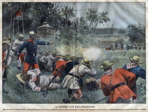 Guerra Filipino-Estadounidense - Guerra Filipino-Americana - Las tropas de Emilio Aguinaldo, cortadas cerca de Polo, resisten ferozmente el ataque de las tropas estadounidenses comandadas por el General Mac-Arthur - grabado en “Le-Pelerin” de 1899