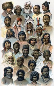 Fisonomía y forma de la cabeza de razas humanas extranjeras. En "La nueva medicina natural" de F.E. Bilz. 1898.