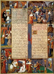 Escena piadosa: El rey Luis IX (1214-1270) (San Luis) lavando los pies de los pobres, el rey rezando y escenas de caridad cristiana del rey. Miniatura de un manuscrito El Libro de los Hechos de Monseñor San Luis. Siglo XV. París, B.N.