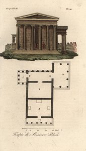 Plano y elevación del Erecteión o Erecteón A, Templo de Neptuno B, Templo de Atenea Polias con Pórtico de las Cariátides C, y Templo de Pandrosos o Pandrosión D de Unknown artist