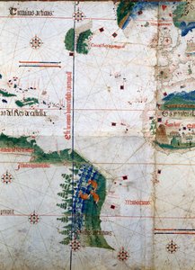 Planisferio de Cantino: Mapa de Alberto Cantino de 1502 que representa la línea divisoria impuesta por el Tratado de Tordesillas (1494) entre América portuguesa y española. Biblioteca Estense. Módena de Unknown artist