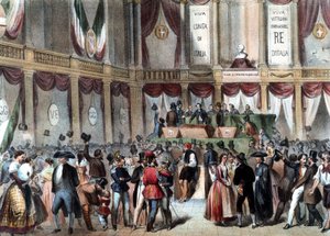 Plebiscito para la anexión del Reino de Nápoles a Italia en 1860. En el fondo: Viva Vittorio Emmanuele (Victor Emmanuel) Rey de Italia correspondiente a Viva V.E.R.D.I. (VERDI). Litografía de Perrin.