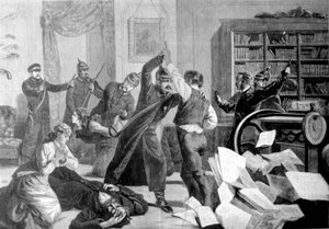 La policía irrumpió en una casa en la calle Sapernaja (San Petersburgo) donde se imprime clandestinamente el periódico nihilista La Voluntad Nacional. de Unknown artist