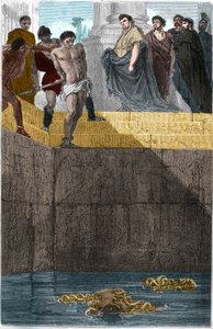 Pollion Vedius, gastrónomo romano, famoso por su crueldad hacia sus esclavos. Para atraparlos, los arrojaba vivos a sus morenas. Un día, Augusto (Caius Octavius Thurinus) estaba comiendo en su casa, así que hizo precipitar a un esclavo, culpable de romper 