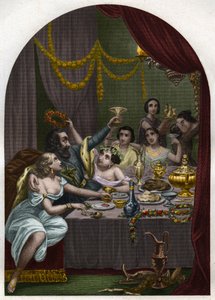 Papa Alejandro VI (1431-1503) (Alessandro, Rodrigo Borgia) Rodrigo Borgia celebra el matrimonio de su hija Lucrecia Borgia (Lucrezia) con 50 cortesanas en el Vaticano. Grabado de 1842 en “Histoire des popes: crimes, murders, poisonings, parricides”.
