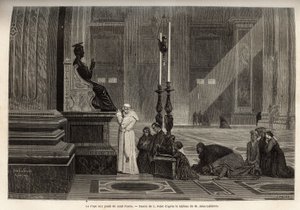 El Papa Pío IX (pio 9) (1792-1878) recogido al pie de la estatua de San Pedro, en la entrada de la Basílica, en el Vaticano. Grabado para ilustrar la historia de Roma, por Francis Wey, en 1864-1868, publicado en “le tour du monde”, editado por D