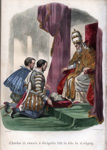 El Papa Gregorio XIII (1502-1585) recibe la cabeza de Gaspard de Coligny (1519-1572), asesinado en la masacre del Día de San Bartolomé en 1572, como regalo del Rey Carlos IX de Francia (1550-1574). de Unknown artist