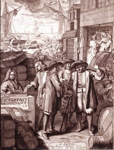 Comerciantes del puerto hablando entre ellos. Grabado del siglo XIX. de Unknown artist