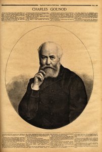 Retrato de Charles Gounod (1818-1893), compositor francés, famoso por sus óperas (Fausto en 1859, Romeo y Julieta en 1867), también compuso sinfonías y numerosas melodías para los poemas de Alfred de Musset (1810-1857) y Victor Hugo (1802-1885). Grabado