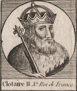 Retrato de Clotario II (584 - 628), Rey de Neustria y Rey de los Francos - Clotario II (d.629) Rey de los Francos - grabado de "Instrucción sobre la Historia de Francia" por Charles Constant Le Tellier 1821