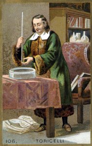 Retrato de Evangelista Torricelli (1608 - 1647), físico italiano con su invención el barómetro (tubo de mercurio). Cromolitografía del siglo XIX