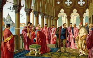 Retrato de Galileo Galilei presenta la larga vista al Dogo en su Palacio Ducal en Venecia de Unknown artist