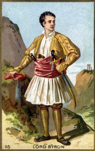 Retrato de George Gordon Noel, 6º Barón Byron, Lord Byron (1788-1824) vestido de griego. Cromolitografía del siglo XIX.