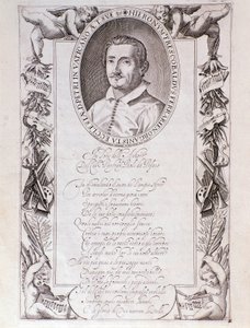 Retrato de Girolamo Frescobaldi (1583-1643) compositor italiano. Grabado del frontispicio de la partitura “Tocrate”. 1637. Bolonia, Museo cívico de Unknown artist