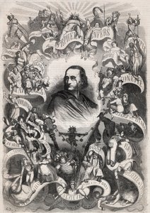 Retrato de Jacques Offenbach, compositor y director francés del teatro des Bouffes Parisiens, rodeado por personajes de sus obras - Grabado en “Le Monde Illustré” de Unknown artist