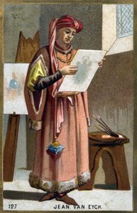 Retrato de Jan Van Eyck (1390 -1441) pintor flamenco - tocado de liripipión. Cromolitografía del siglo XIX de Unknown artist