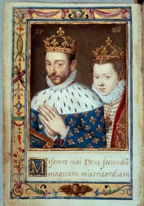 Retrato del Rey Carlos IX (1550-1574) y Isabel de Austria (1554-1592) Reina de Francia. Página del manuscrito del “Libro de Horas de Catalina de Médicis” (Caterina de Medici) siglo XVI. París, B.N.