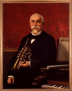 Retrato de Lodovico Bortolotti (siglo XIX) músico italiano. Sostiene una trompeta. Pintura anónima. Siglo XIX. Bolonia, Civico museo bibliografico