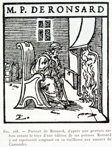 Retrato de Pierre de Ronsard viejo pensando en los amores de Cassandra - grabado en madera de Unknown artist