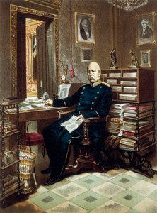 Retrato del príncipe Otto von Bismarck (1815-1898), canciller y político prusiano, en su oficina. Litografía en color de Unknown artist
