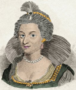 Retrato de la Reina Ana de Dinamarca, Reina de Inglaterra (1574-1619), esposa del Rey Jacobo I de Inglaterra (1566-1625). Grabado del siglo XIX