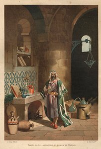 Retrato de Rhases (Rhazes, Razi, Al-Razi, Razis, o Rases) (840-923) científico persa en su laboratorio en Bagdad. Barcelona 1881