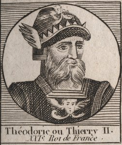 Retrato de Thierry II (587-613) Rey de los Francos de Austrasia y Borgoña de 595 a 613 - THIERRY II (Teuderico II) rey de Borgoña y Austrasia - grabado de Instruction sur l